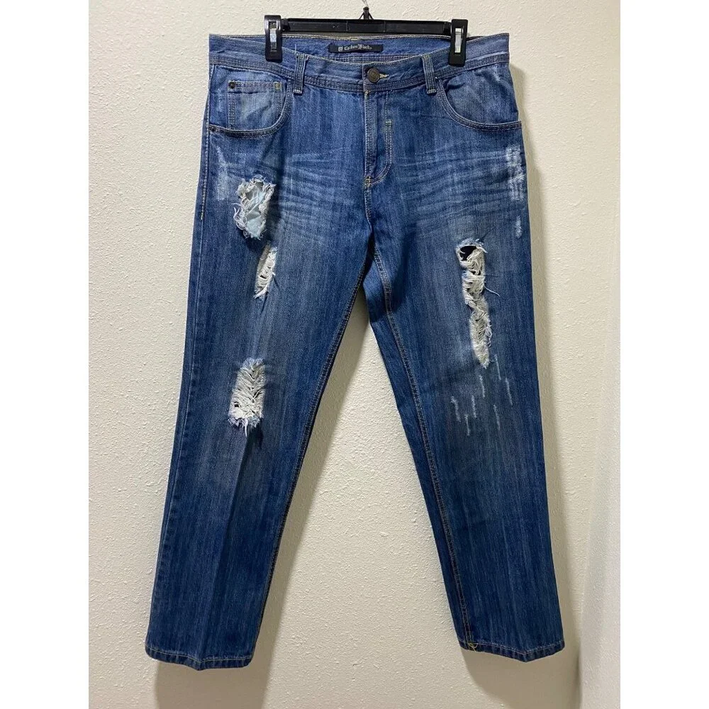 Carbon Black Distressed Jeans Mens 34x30 Blue Ripped Destroyed Denim 100% Cotton - Picture 7 of 15